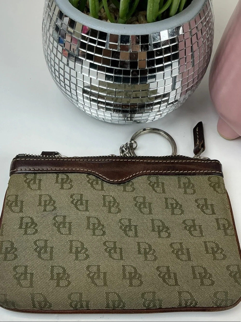 Dooney & Bourke Brown Monogram Canvas Key Pouch with Chain